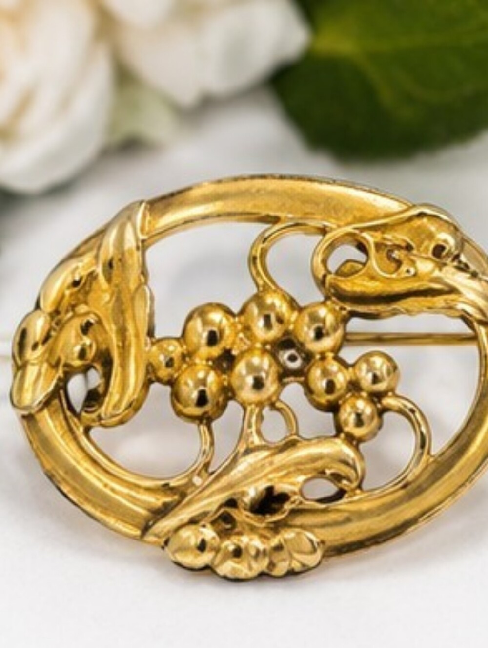 Vintage Gold Washed Sterling Silver Art Nouveau Revival Grape Vine Brooch 1940's